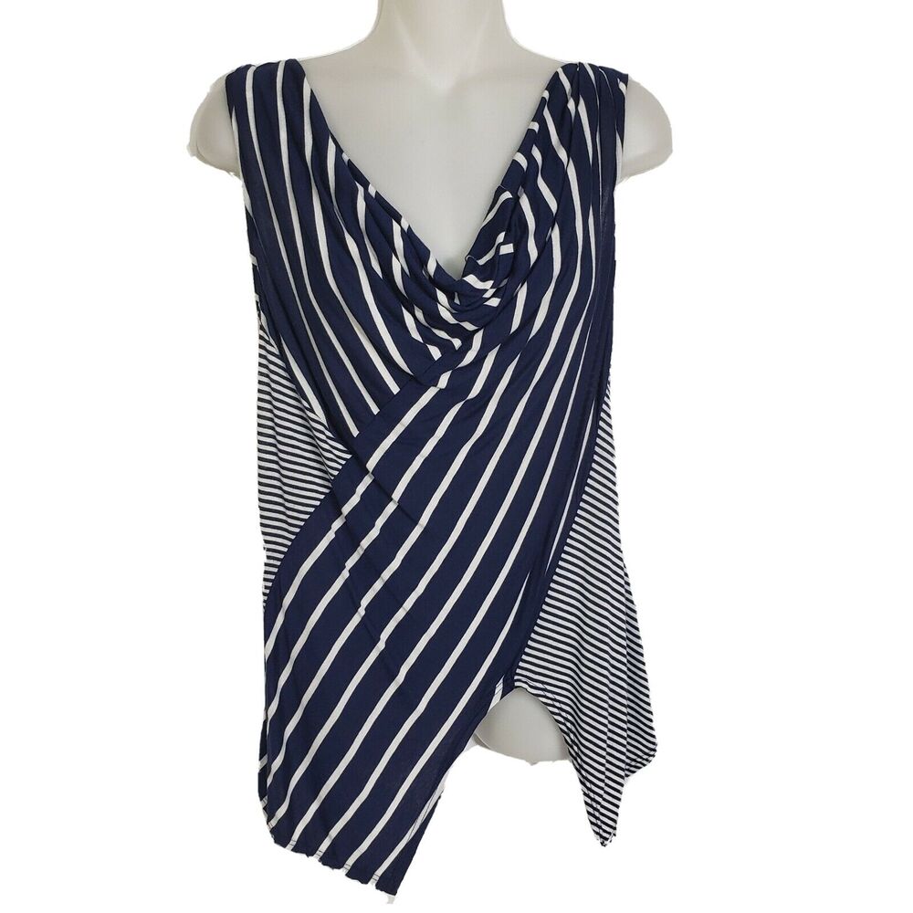 Studio Y Women's Top Size XS Blue White Striped Sleeveless Cowl Neck Asymetrical